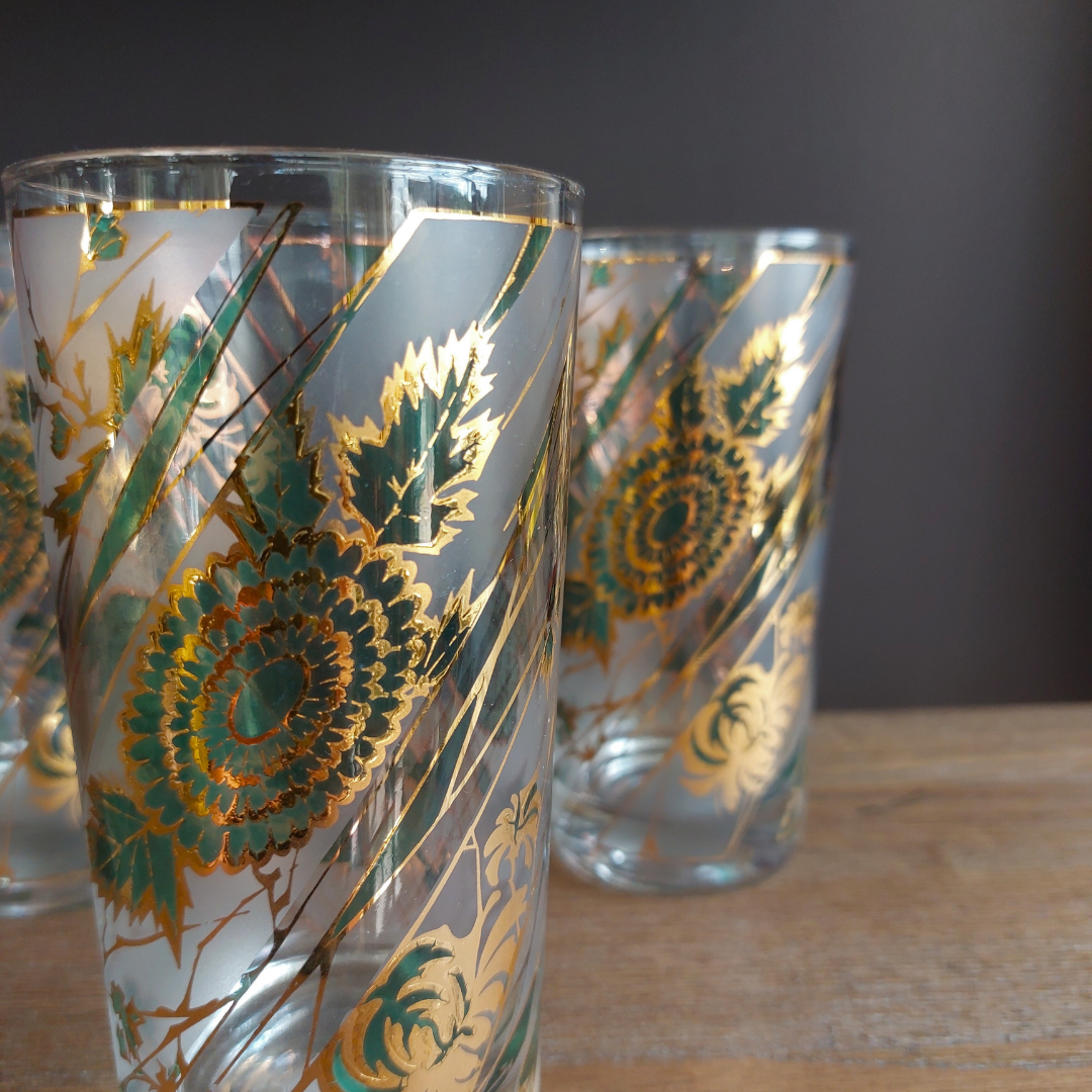 1960's Emerald Green + 22K Gold Highball Glasses