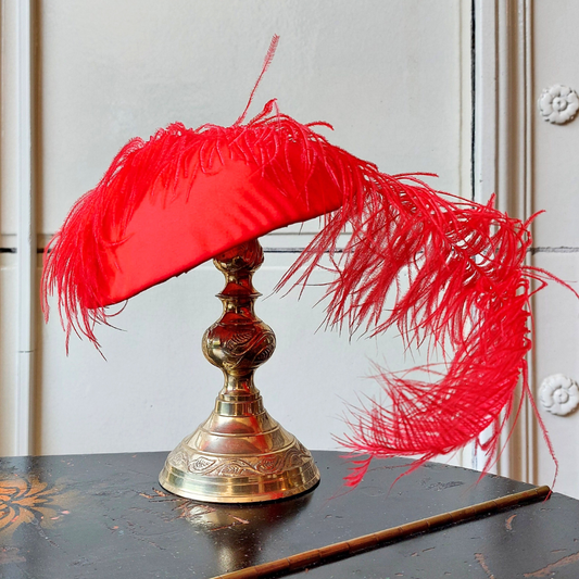 Red Fascinator with red feather plume