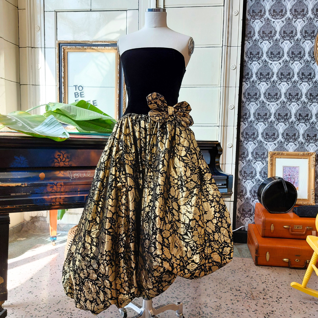 Strapless Black Velvet + Gold Metallic Brocade Ball Gown