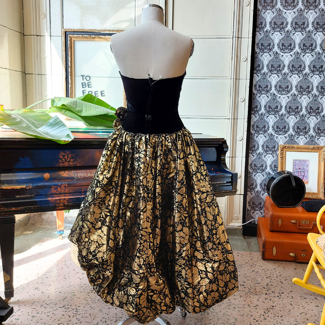 Strapless Black Velvet + Gold Metallic Brocade Ball Gown